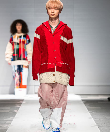 "少年とセーラーとMA-1" Boy, sailor and MA-1 knit, reconstructed from red knit vintages