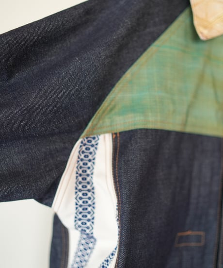 《nisai × soma komatsuno》"藍と黄金と緑" Patchwork Denim jacket, Rebuild by vintage kimono