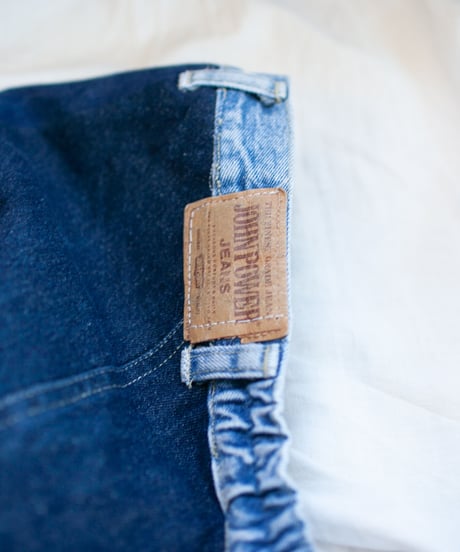 "つぎはぎのデニムニットフードマフラー 第一色" Patchwork denim knit hooded muffler, Rebuild by vintages