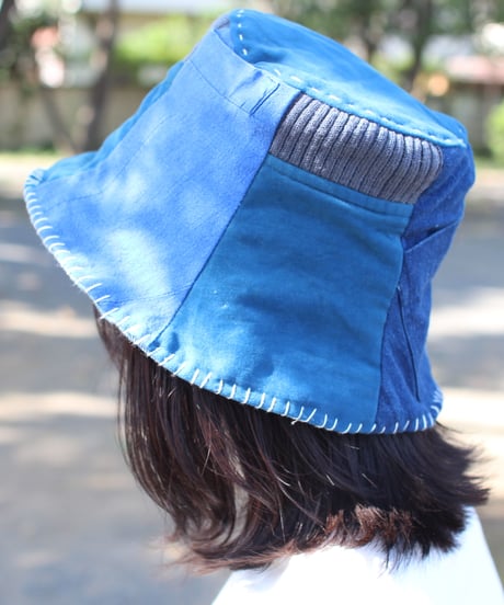 "希望" Hope Yellow on Patchwork Blue hat, Rebuild by vintages
