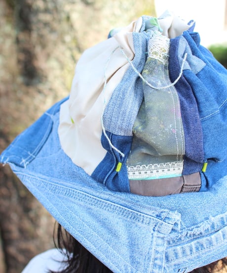 "江ノ島" Blue with Green Patchwork Flower hat, Rebuild by vintages