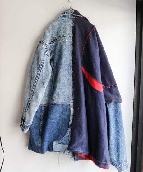 "赤が覗く夜" night with red gaze coat, reconstructed from french cloak and denim vintages