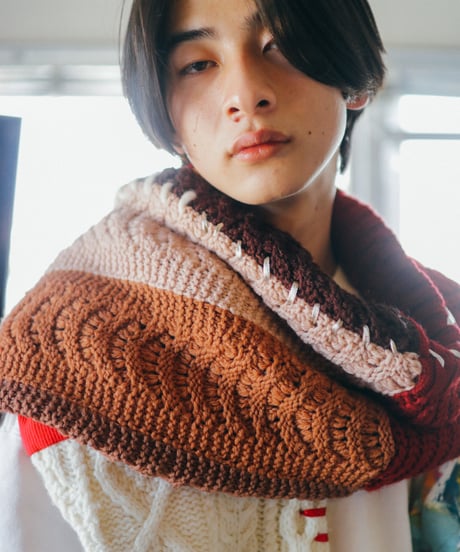 "手紡ぎとフランス" Vintage knit Rebuild Muffler by French antique and Hand-spun yarn Stitch