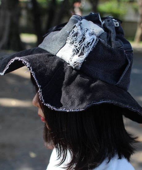 "黒い蕾" Black Patchwork Flower hat with Ribbon, Rebuild by vintages