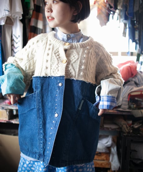 "それぞれの青のカーディガン" Cardigan with two large pockets, Rebuild by vintages