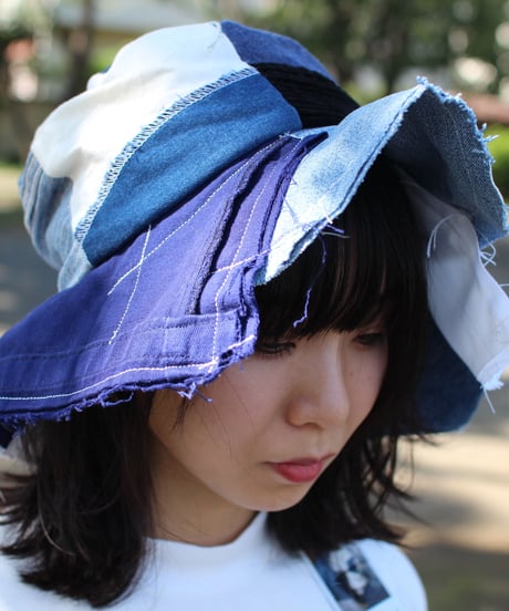 "終わらない藍の花" Blue Patchwork Flower hat, Rebuild by vintages