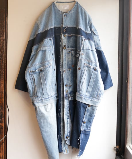 "水白虹" Liquid White Rainbow Coat, reconstructed from denim vintages