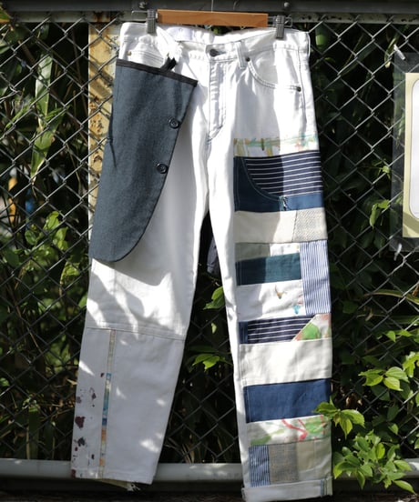 "悪と虹" Suit pieces, hand-dyed ribbons, patchwork, Based on Vintage denim
