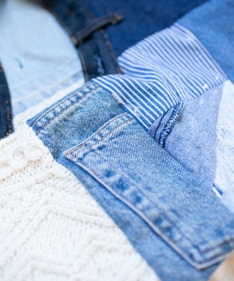 "つぎはぎのデニムニットフードマフラー 第三色" Patchwork denim knit hooded muffler, Rebuild by vintages