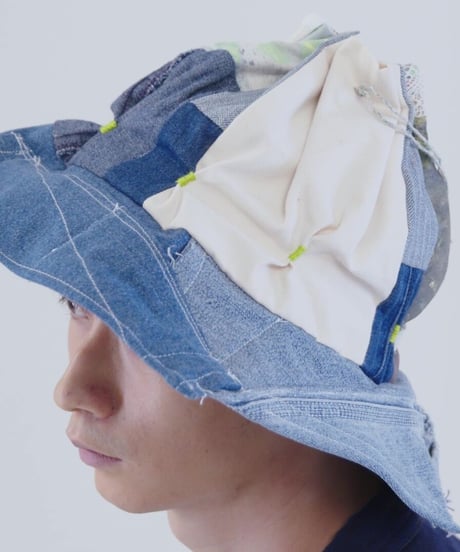 "江ノ島" Blue with Green Patchwork Flower hat, Rebuild by vintages