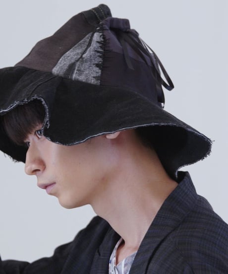 "黒い蕾" Black Patchwork Flower hat with Ribbon, Rebuild by vintages
