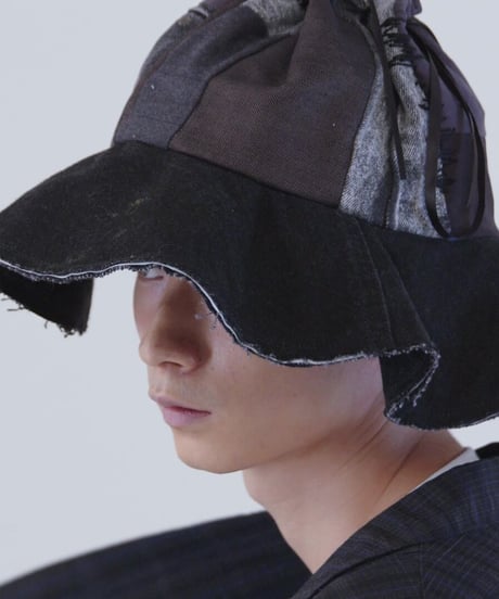 "黒い蕾" Black Patchwork Flower hat with Ribbon, Rebuild by vintages