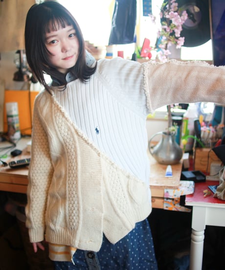 "少女水色グランジ" Girl light blue grunge Knit, Rebuild by vintages