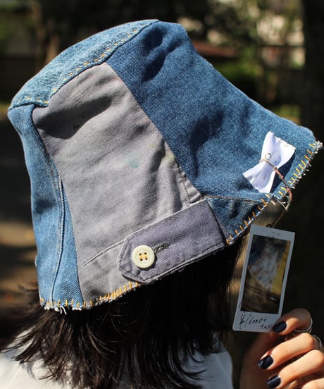 "両A面の青色彩" Blue Patchwork With Rainbow reversible hat, Rebuild by vintages