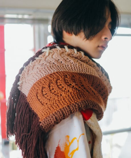 "手紡ぎとフランス" Vintage knit Rebuild Muffler by French antique and Hand-spun yarn Stitch