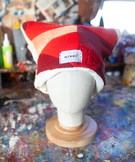 "つぎはぎの猫耳帽子 第十三色" knit cat cap, Rebuild by vintagess