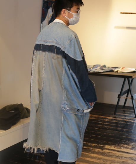 "水白虹" Liquid White Rainbow Coat, reconstructed from denim vintages