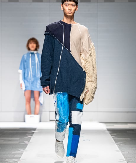 "雨明け招き" the Pray after the Rainfall knit, reconstructed from blue and white knit vintages