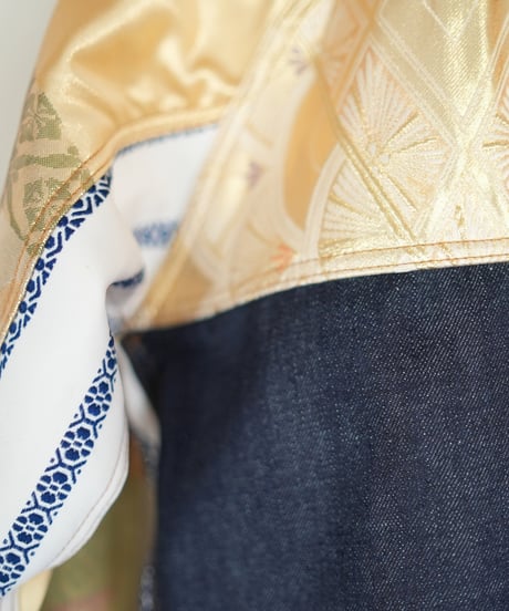 《nisai × soma komatsuno》"藍と黄金と緑" Patchwork Denim jacket, Rebuild by vintage kimono
