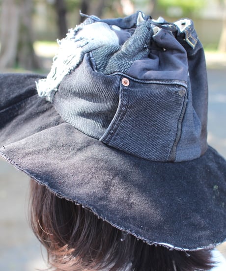 "黒い蕾" Black Patchwork Flower hat with Ribbon, Rebuild by vintages