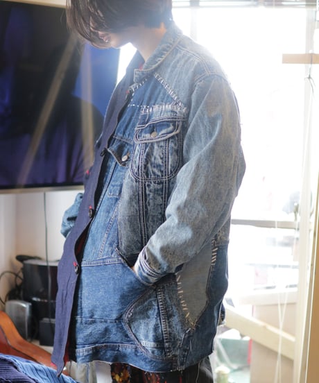 "赤が覗く夜" night with red gaze coat, reconstructed from french cloak and denim vintages