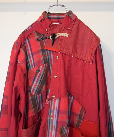 "赤い花" Red flower shirt jacket, Rebuild by vintages
