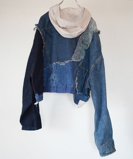 "ブルーグランジフーディーショートジャケット" Blue grunge hoodie short jacekt, Rebuild by vintages
