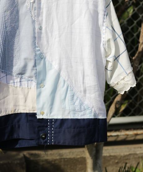 "花とシーグラス" Short-sleeved shirt with floral pattern and sea glass color., reconstructed from vintages