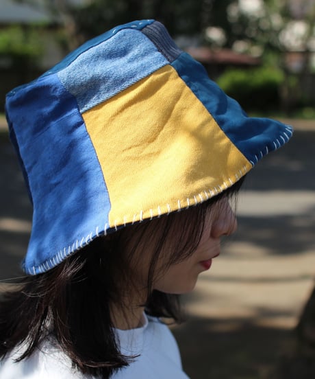 "希望" Hope Yellow on Patchwork Blue hat, Rebuild by vintages