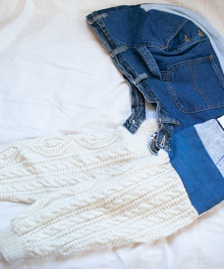 "つぎはぎのデニムニットフードマフラー 第六色" Patchwork denim knit hooded muffler, Rebuild by vintages