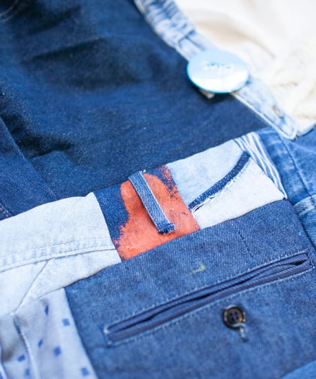 "つぎはぎのデニムニットフードマフラー 第一色" Patchwork denim knit hooded muffler, Rebuild by vintages