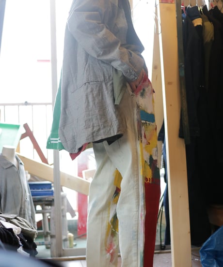 "偽装する虹" Fake stitch painted pants, Based on Bleach vintage denim