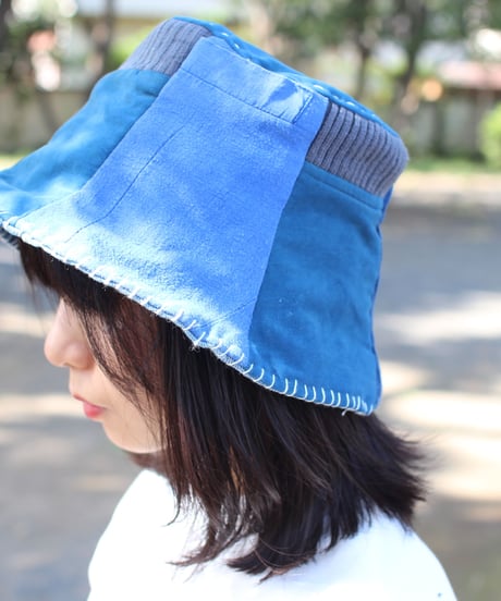 "希望" Hope Yellow on Patchwork Blue hat, Rebuild by vintages