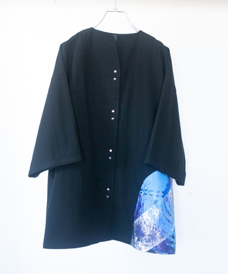 《0＜nisai+α≦Y》 metal hook paint half-sleeve shirt jacket / black formal cotton and linen