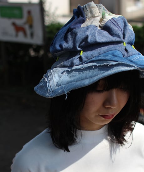 "江ノ島" Blue with Green Patchwork Flower hat, Rebuild by vintages