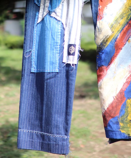 "青に色彩" Rainbow by Blue Painted patchwork denim, Rebuild by Vintages