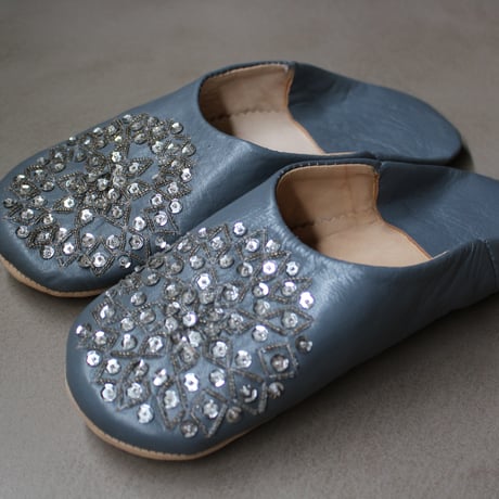 lefz-BK003 スパンコールバブーシュ　ダークグレー×シルバー　39（23.5ｃｍ～24ｃｍ）