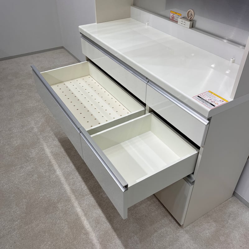 Pamouna 食器棚 120cm パールホワイト 全扉、引き出しサイレント 