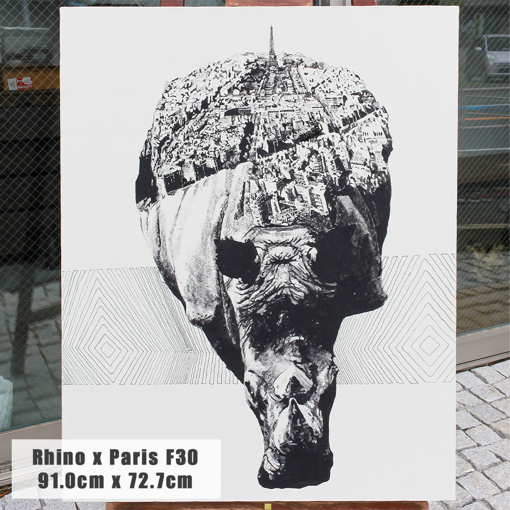 Rhino x Paris 手描き キャンバス モノクロアート F30号 (909mm×727