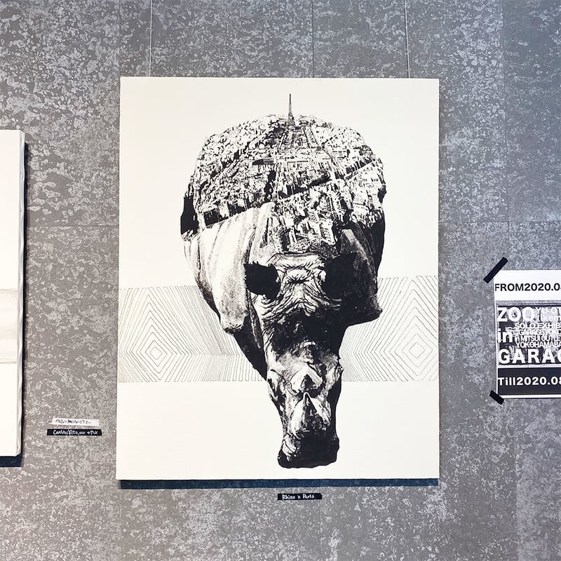 Rhino x Paris 手描き キャンバス モノクロアート F30号 (909mm×727