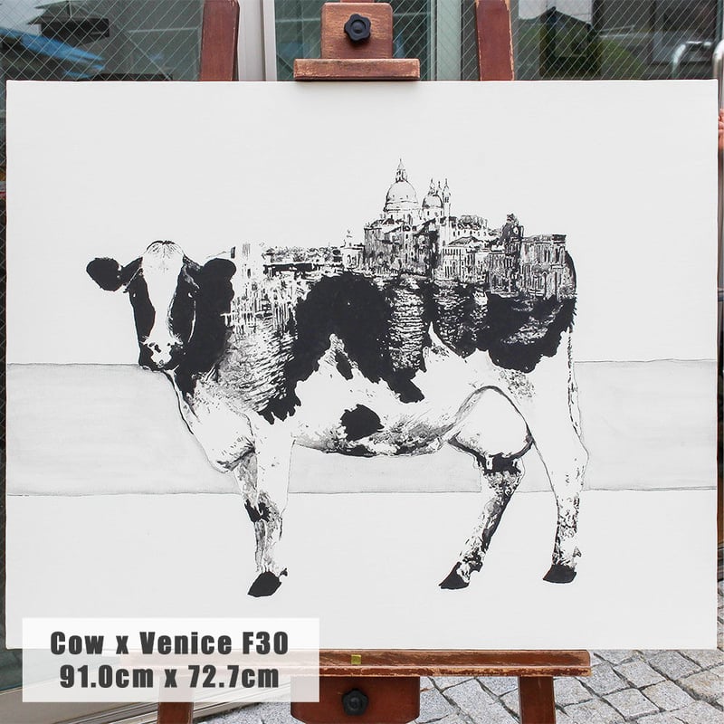 Cow x Venice 手描き キャンバス モノクロアート F30号 (909mm×727m