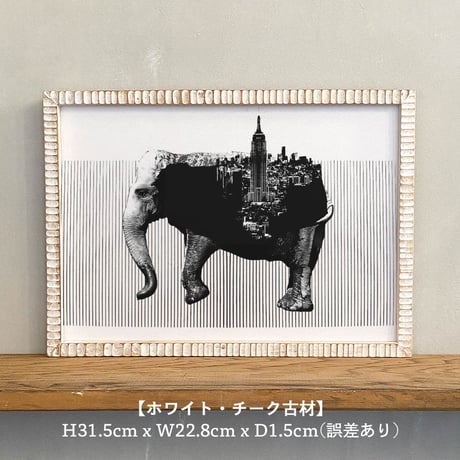 Elephant x New York 「モノクロアート 動物街」A4 モノトーン ポスター + 古材 フレーム セット商品