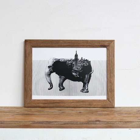 Elephant x New York 「モノクロアート 動物街」A4 モノトーン ポスター + 古材 フレーム セット商品
