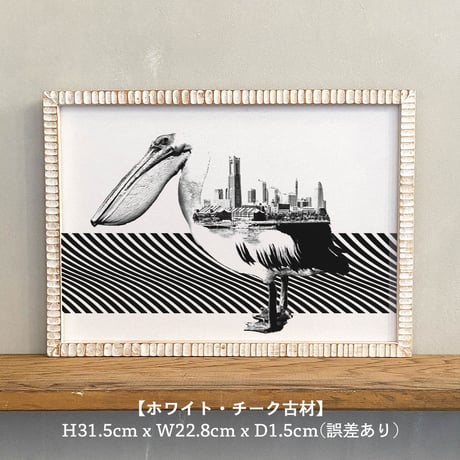 Pelican x 横浜 「モノクロアート 動物街」A4 モノトーン ポスター + 古材 フレーム セット商品