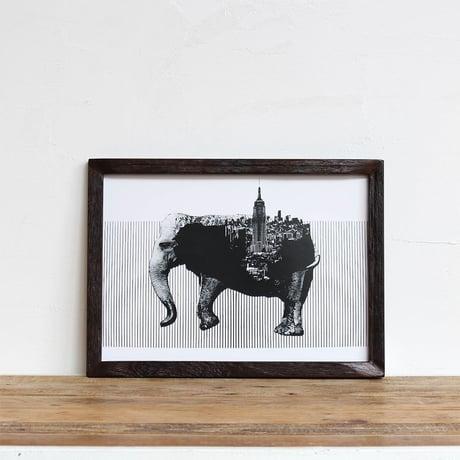 Elephant x New York 「モノクロアート 動物街」A4 モノトーン ポスター + 古材 フレーム セット商品