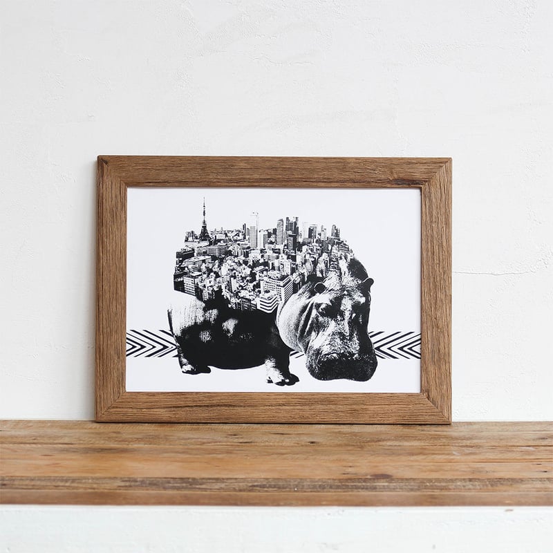 Hippo x Tokyo 「モノクロアート 動物街」A4 モノトーン ポスター + 古