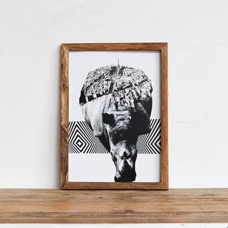 Rhino x Paris 「モノクロアート 動物街」A4 モノトーン ポスター + 古材 フレーム セット商品
