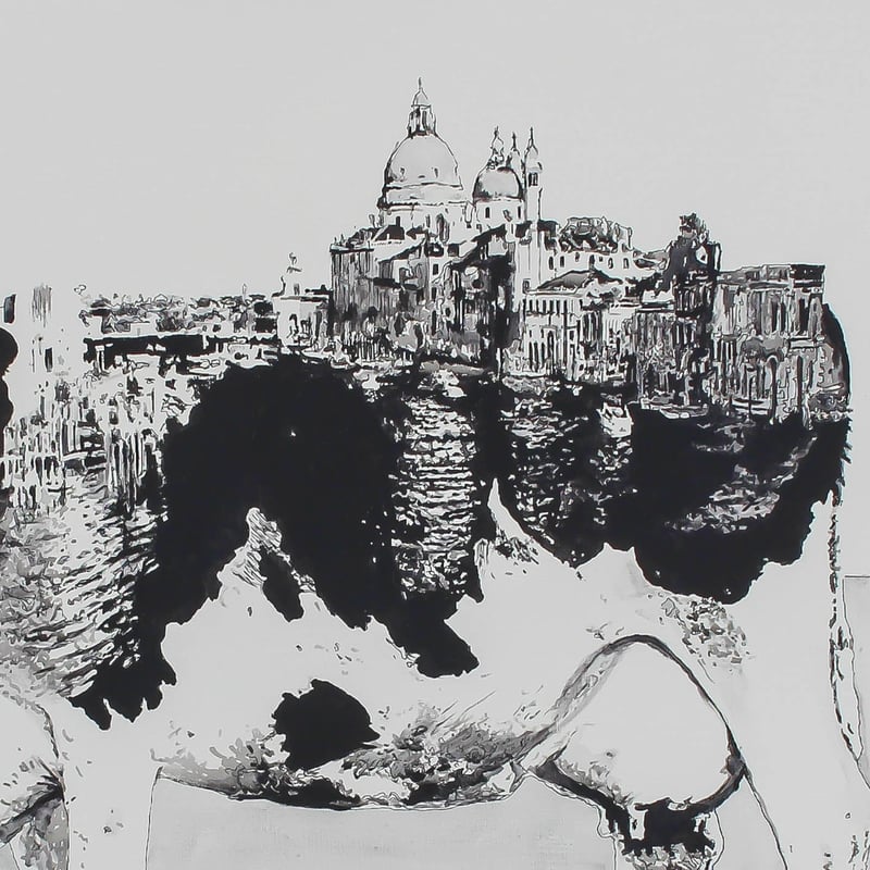 Cow x Venice 手描き キャンバス モノクロアート F30号 (909mm×727m