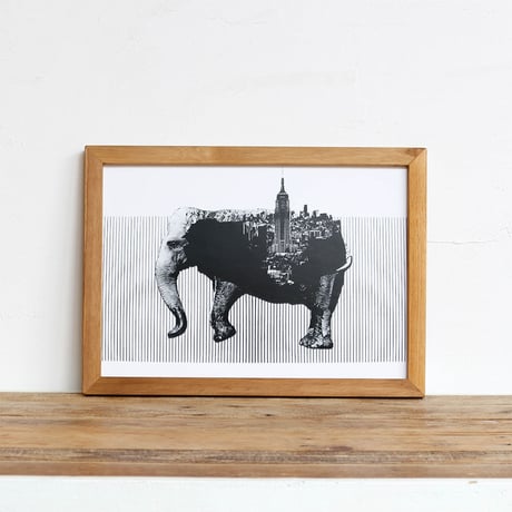 Elephant x New York 「モノクロアート 動物街」A4 モノトーン ポスター + 古材 フレーム セット商品