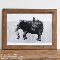 Elephant x New York 「モノクロアート 動物街」A4 モノトーン ポスター + 古材 フレーム セット商品